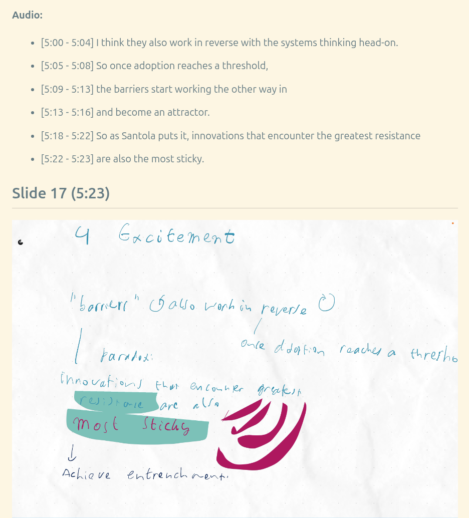 Transcript excerpt from a book review. Lines preceded by timestamps1 A paragraph of text, a heading that says 'Slide 12' with a timestamp. A partial view of a hand drawn scribble. 