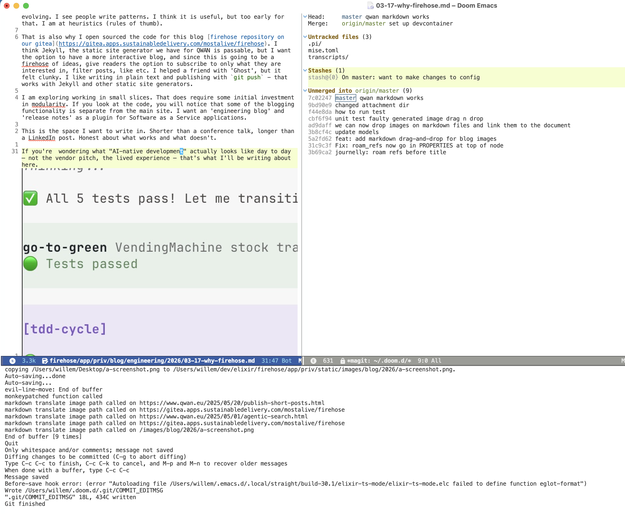 Screenshot of Emacs, with a dropped image in a blog post in the left pane.