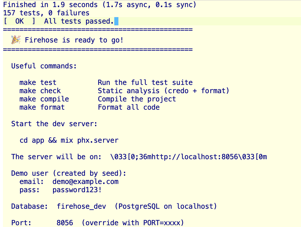 Screenshot of a successful run. Shows 157 tests passed, useful make commands, how to start the dev server, what the demo user / password is and the port on which it runs